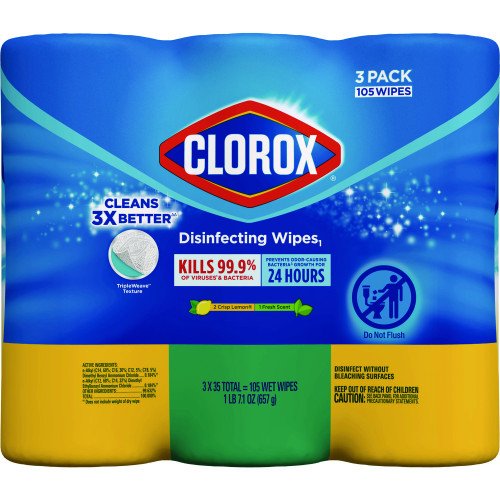 Clorox Disinfecting Wipes, 1-Ply, 7 x 8, Fresh Scent/Citrus Blend, 35/Canister, 3/Pack, 5 Packs/Carton (30112CT) - Image 2