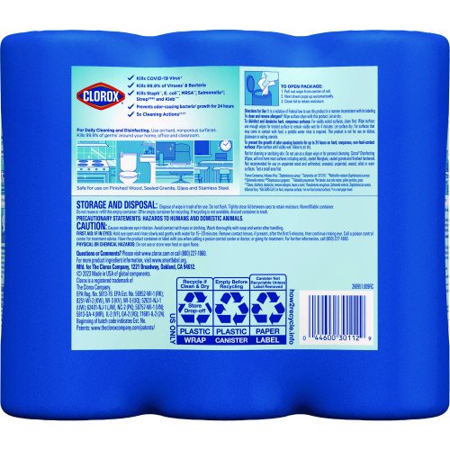 Clorox Disinfecting Wipes, 1-Ply, 7 x 8, Fresh Scent/Citrus Blend, 35/Canister, 3/Pack, 5 Packs/Carton (30112CT) - Image 4