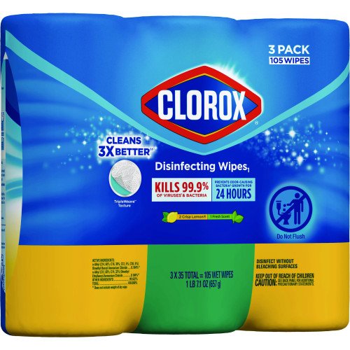 Clorox Disinfecting Wipes, 1-Ply, 7 x 8, Fresh Scent/Citrus Blend, 35/Canister, 3/Pack, 5 Packs/Carton (30112CT) - Image 3