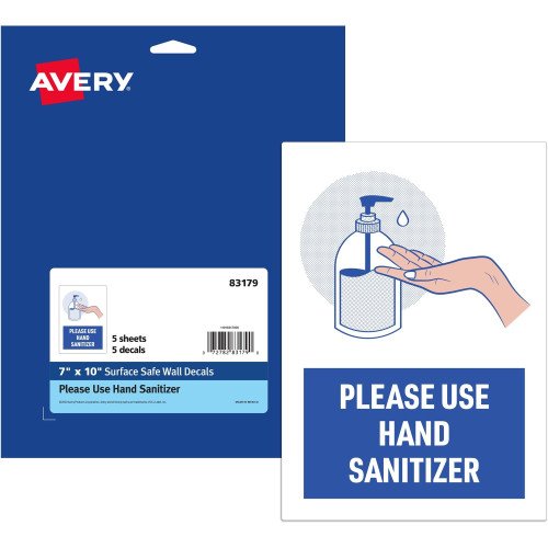 Avery® Surface Safe “Please Use Hand Sanitizer” Wall Decals, 7" x 10", Rectangular, Durable & Water Resistant (83179)