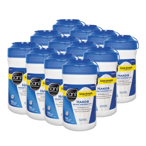 Hands Instant Sanitizing Wipes, 6 x 5 Inches, Unscented, White, 150 Wipes per Canister, 12 Canisters/Carton (P43572CT)