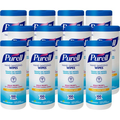 PURELL Premoistened Hand Sanitizing Wipes, 5.78 x 7 Inches, Fresh Citrus Scent, White, 100 Wipes per Canister, 12 Canisters/Carton (911112CT)